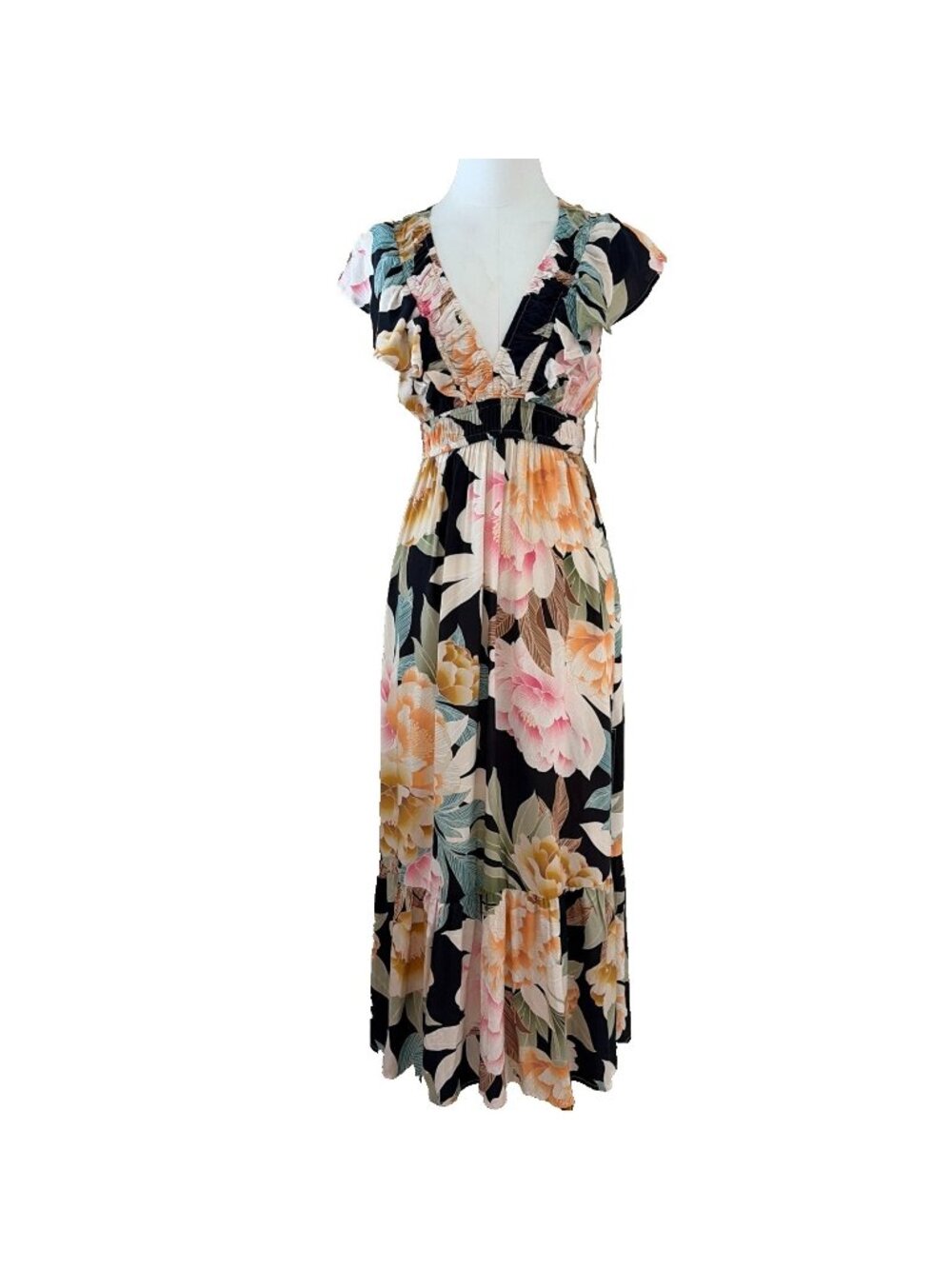 O'Neill Empire Waist Midi Dress Size XS Floral Boho Tropical Brunch Wedding